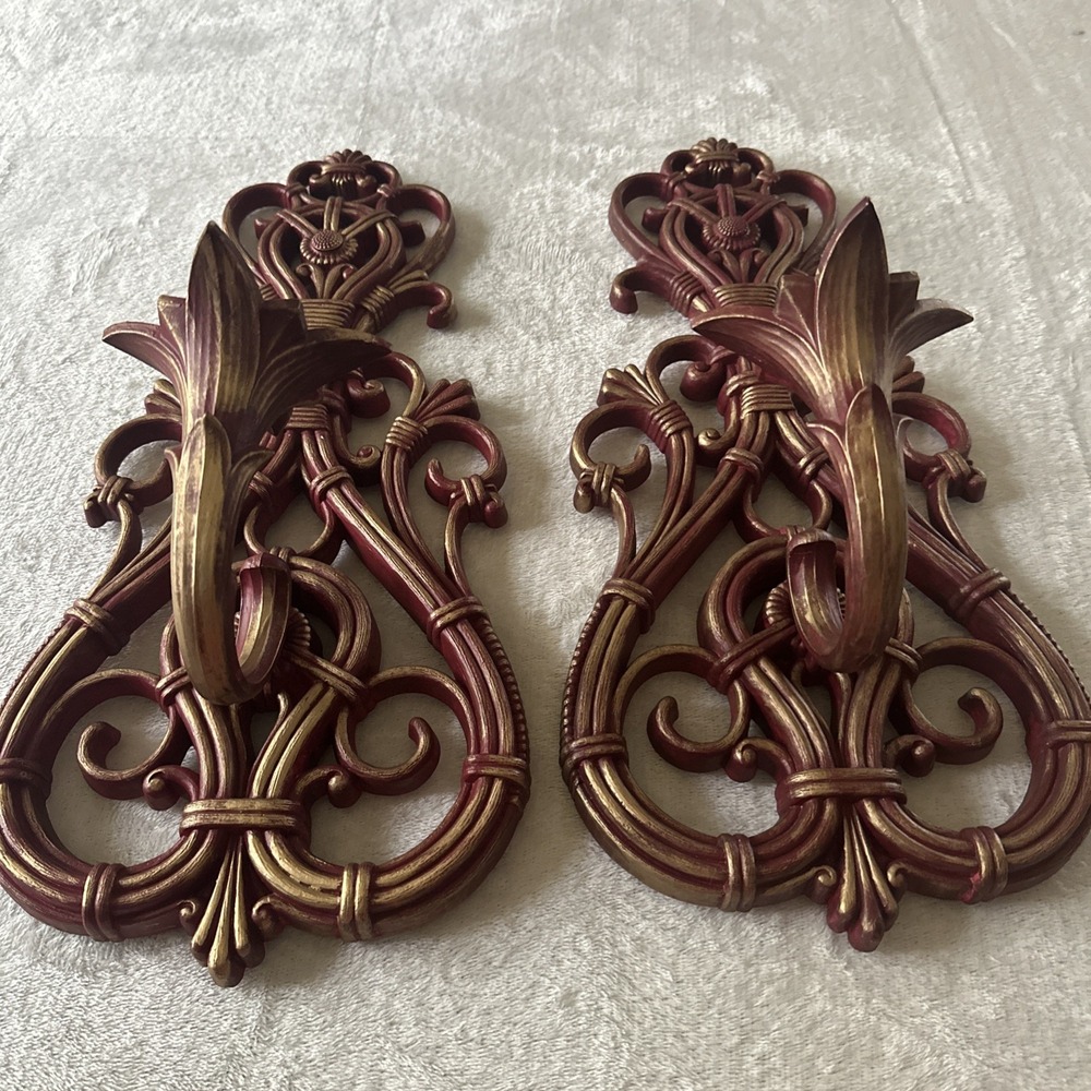 Vtg 1977 Dart Ind Wall Sconce Candle Holders (2) Maroon Gold Tone Retro Boho USA